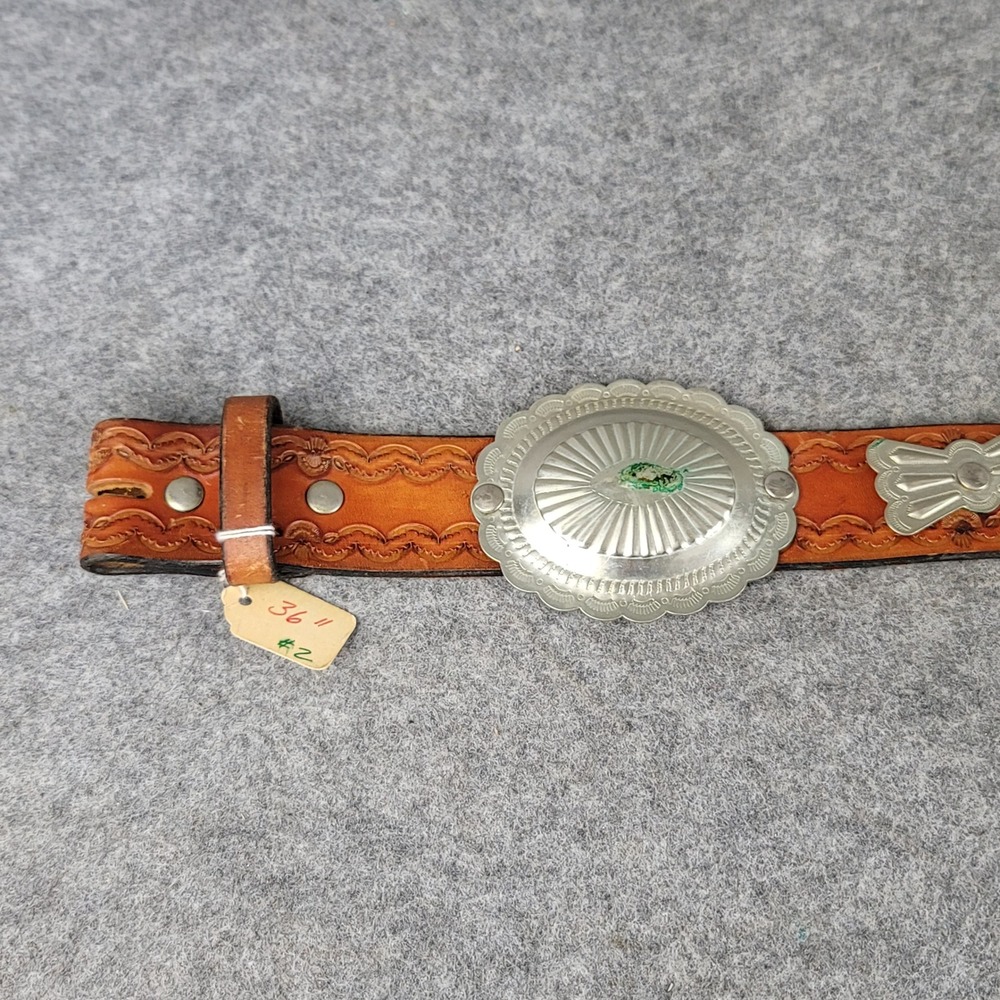 Vintage Western Tooled Leather Concho Belt Brown Silver Tone Southwestern 36 NOS - Picture 3 of 10